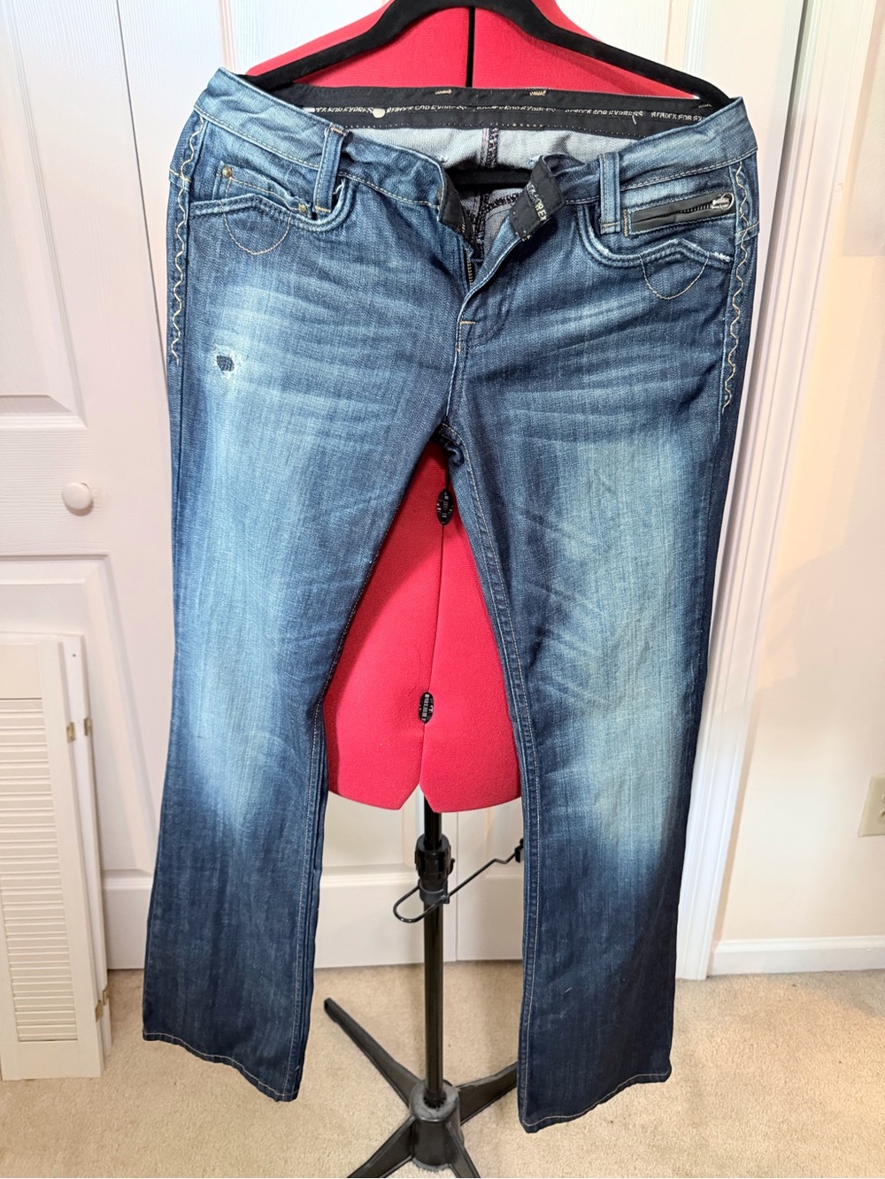 Express Women's Medium Blue Bootcut Jeans with Light Distressing